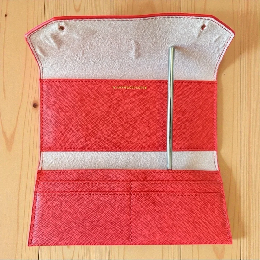 ANTHROPOLOGIE Coral Red Saffiano Travel Wallet | “Keep It Together” | Card Slots